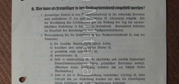 Merkblatt für die Einstellung von männlichen freiwilligen in den Reichsarbeidsdienst 1936