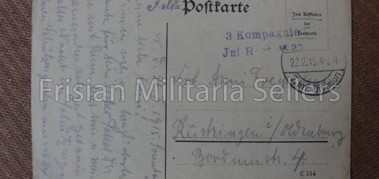 Feldpostkarte 3 Kompagnie Inf. Regt. M22 ? uit 1915