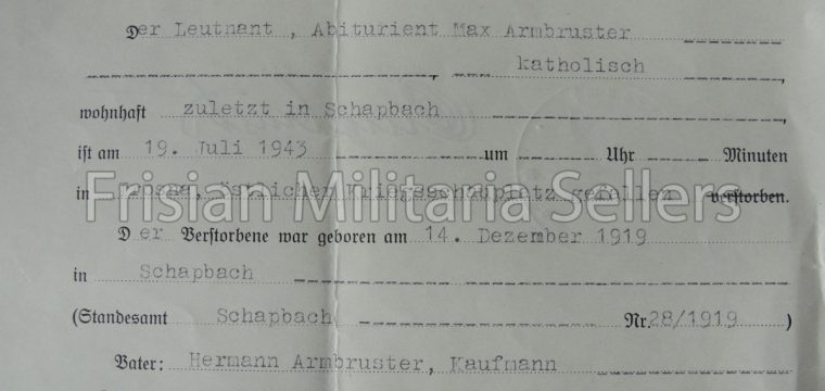 Document van Gefallen Leutnant in Trosna 19-7-’43