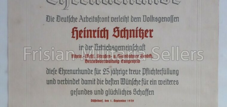 Ehrenurkunde Deutsche Arbeitsfront 1 sept. 1939